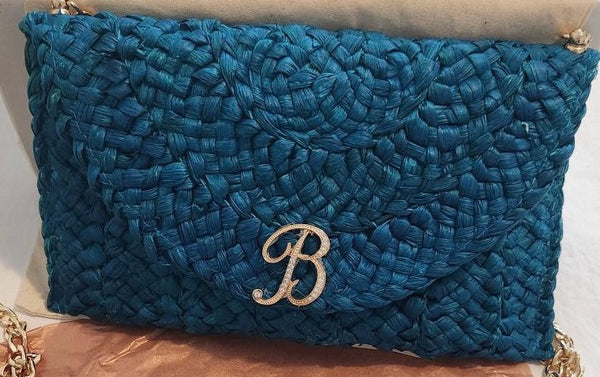 200-CUSTOM MONOGRAM RAFFIA CROSSBODY HANDBAG-TEAL