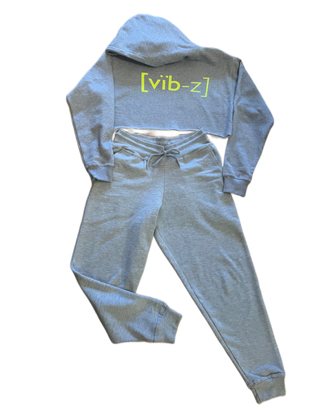 1-VIBES CROPPED HOODIE-HEATHER GREY/NEON GREEN