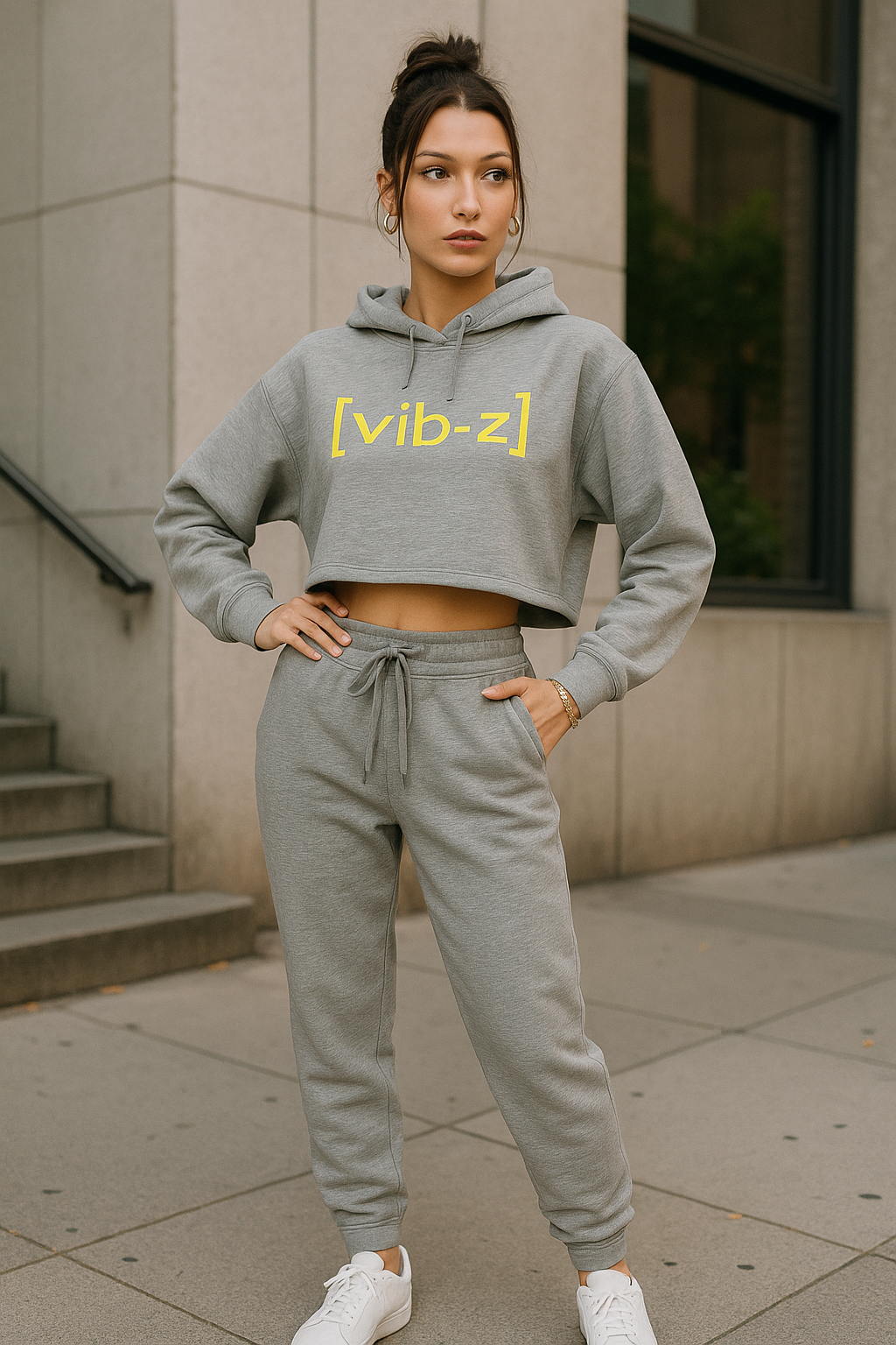 NEON VIBES CROPPED HOODIE-HEATHER GREY/NEON GREEN