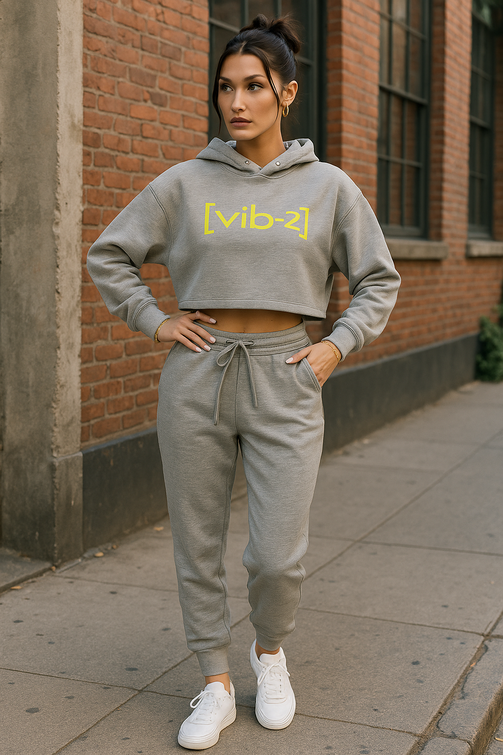 NEON VIBES CROPPED HOODIE-HEATHER GREY/NEON GREEN