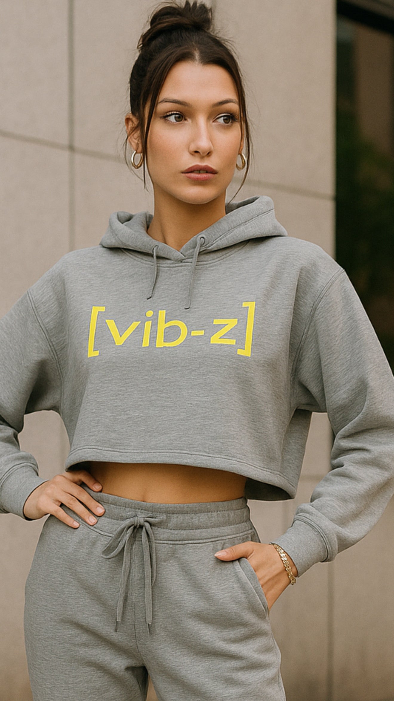 NEON VIBES CROPPED HOODIE-HEATHER GREY/NEON GREEN