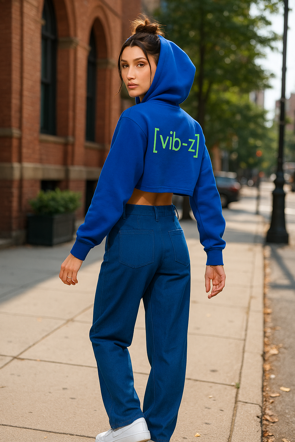 NEON VIBES CROPPED HOODIE-REVERSE PRINT-SAPPHIRE
