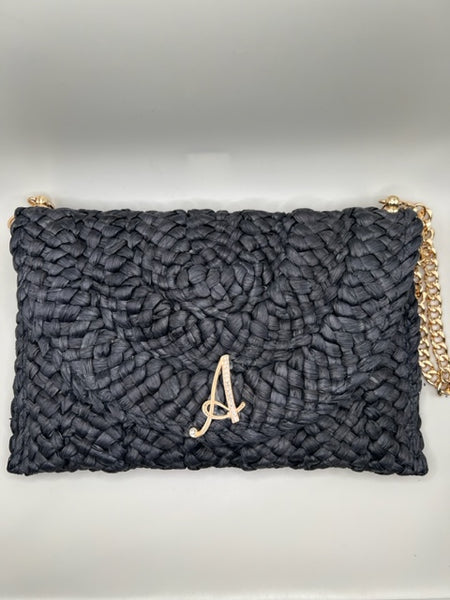 400-CUSTOM MONOGRAM RAFFIA CROSSBODY HANDBAG-BLACK