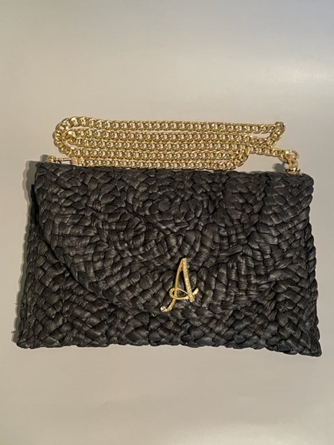400-CUSTOM MONOGRAM RAFFIA CROSSBODY HANDBAG-BLACK